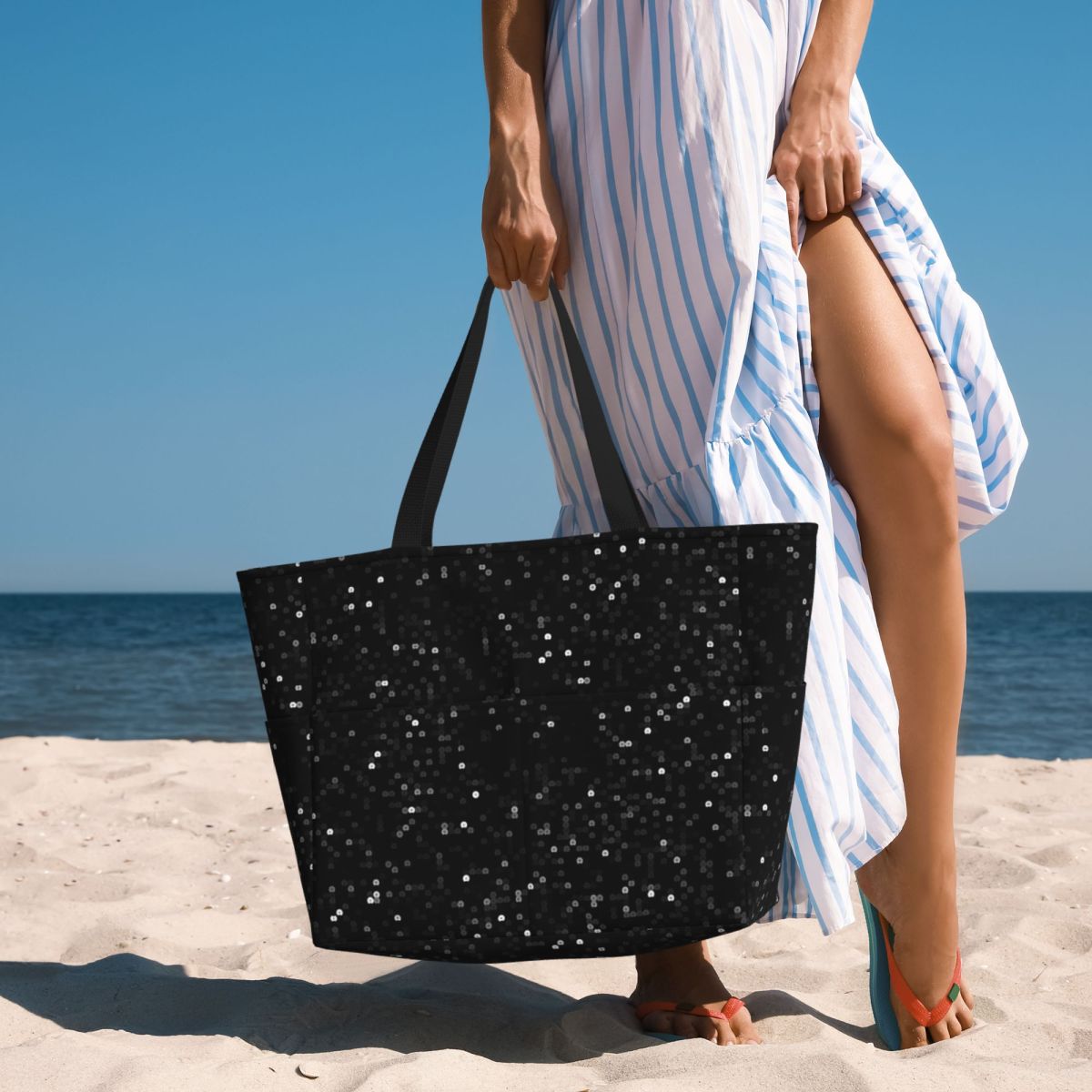 Yoga Fitness Images - Printed Image Of Black Sequins Beach