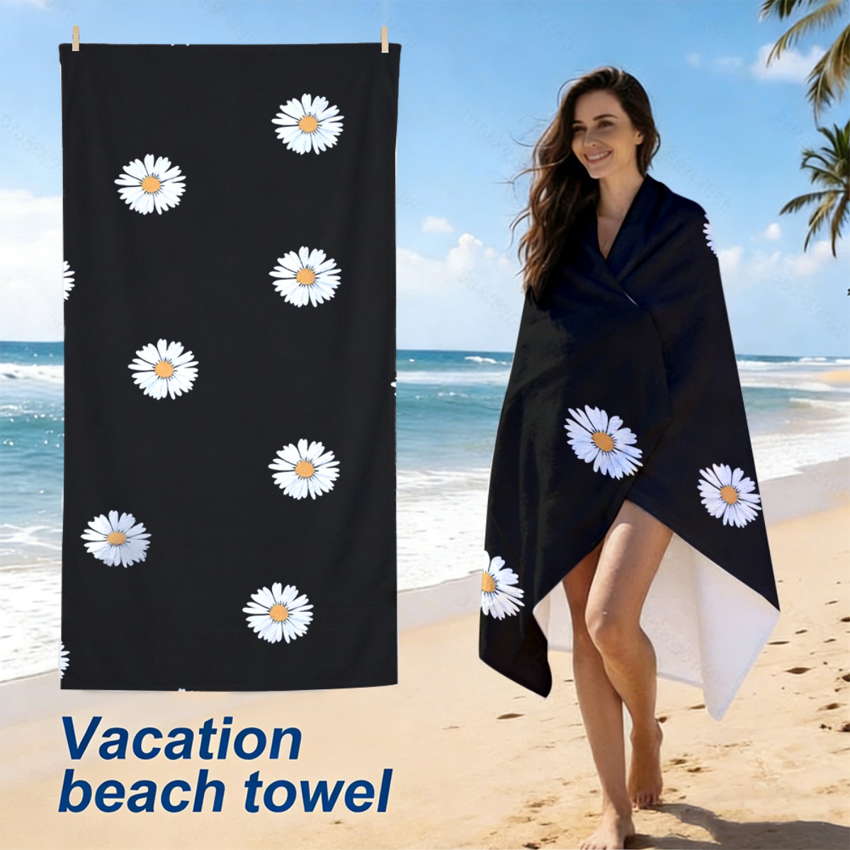 1pc Black Beach Towel with Whi - Yoga Fitness Holiday ulasan dan harga
